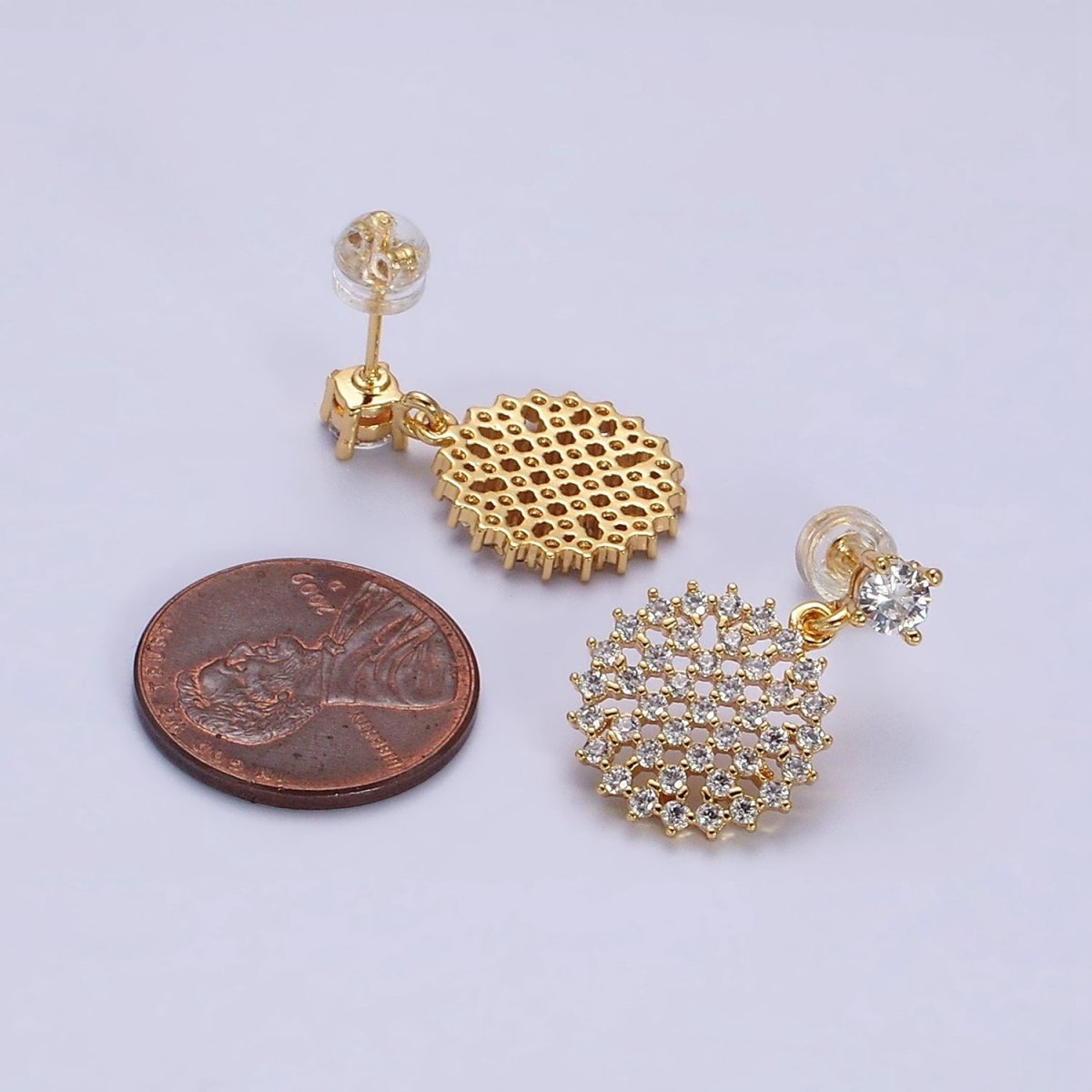 16K Gold Filled Clear Micro Paved CZ Round Drop Stud Earrings | Y-873 - DLUXCA