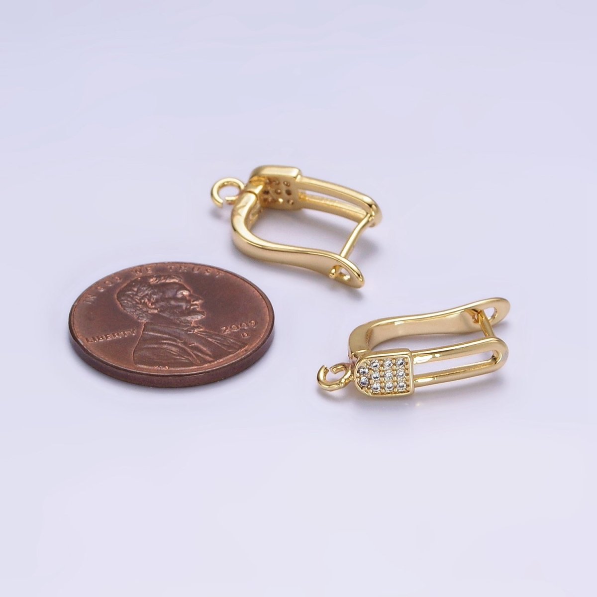 16K Gold Filled Clear Micro Paved CZ Safety Pin Oblong Open Loop English Lock Earrings | Z-467 - DLUXCA