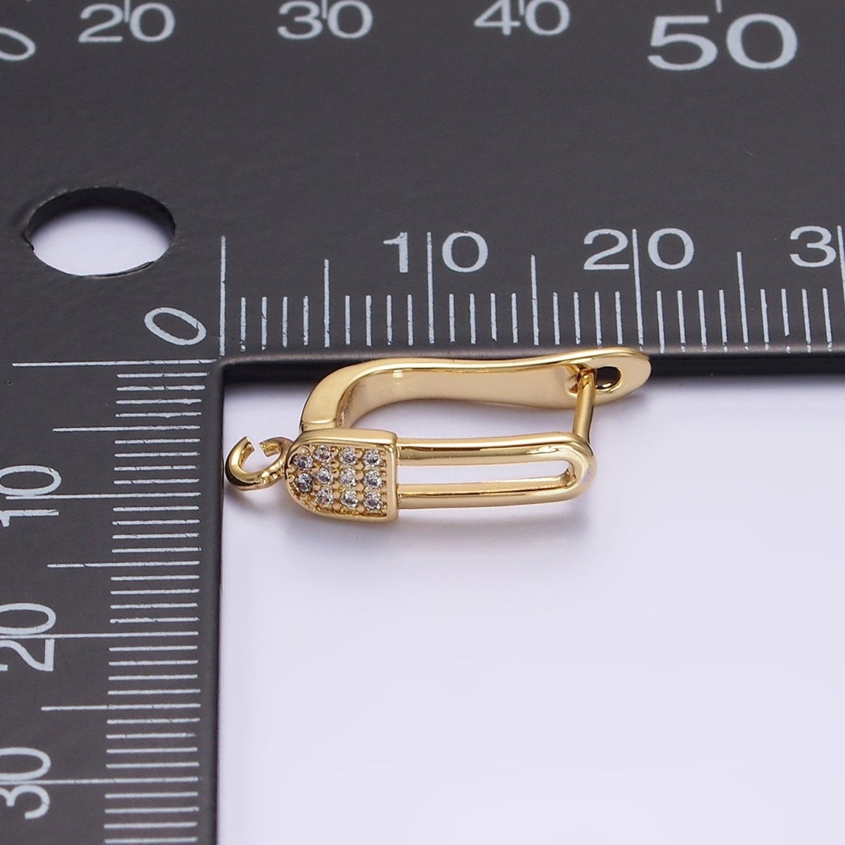 16K Gold Filled Clear Micro Paved CZ Safety Pin Oblong Open Loop English Lock Earrings | Z-467 - DLUXCA