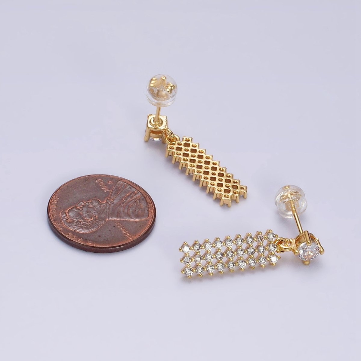 16K Gold Filled Clear Micro Paved CZ Tag Drop Stud Earrings | Y-874 - DLUXCA