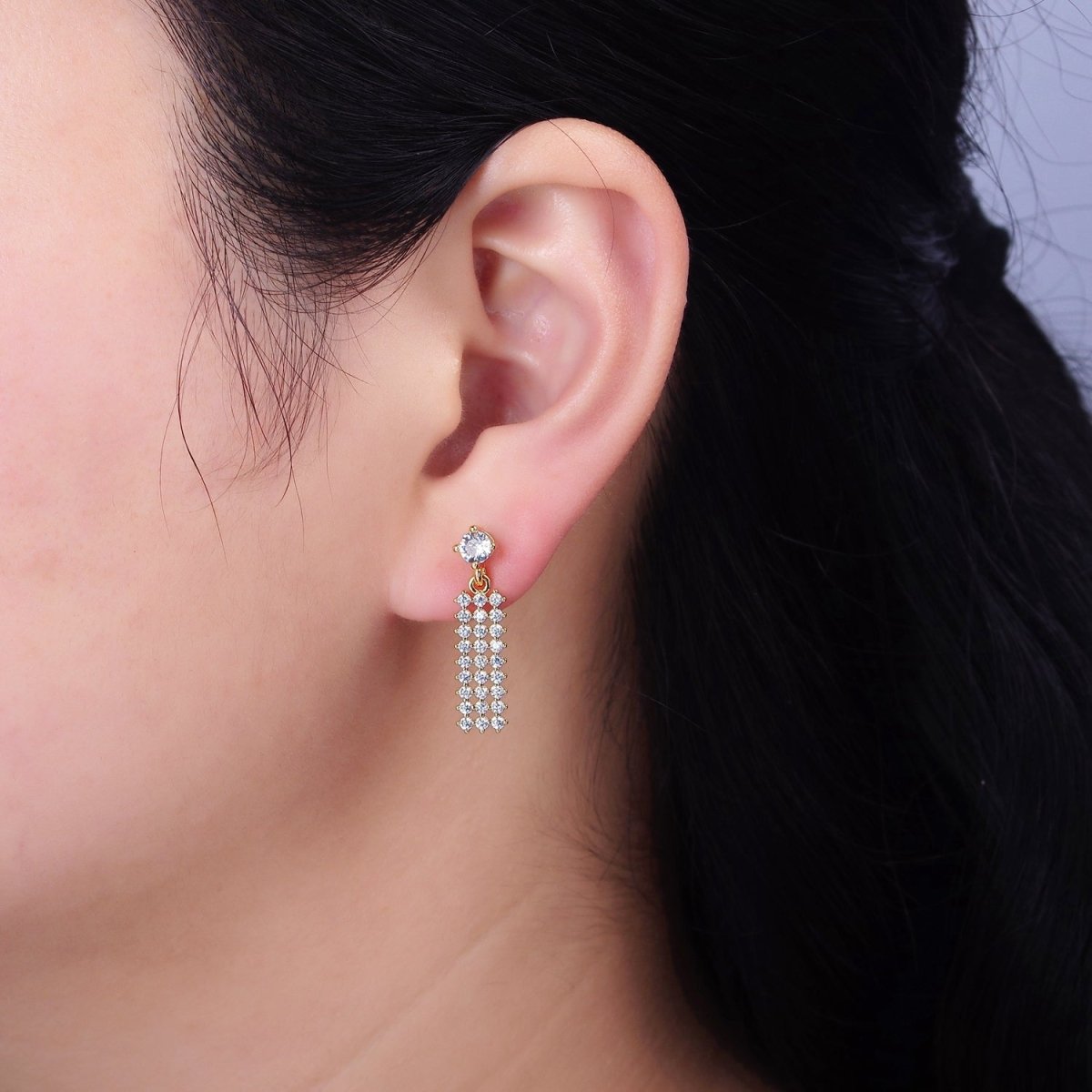 16K Gold Filled Clear Micro Paved CZ Tag Drop Stud Earrings | Y-874 - DLUXCA