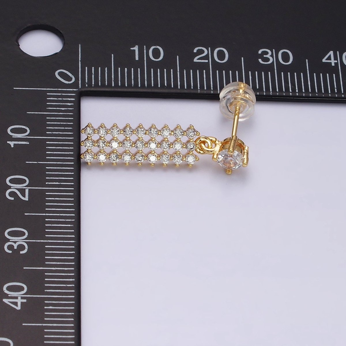 16K Gold Filled Clear Micro Paved CZ Tag Drop Stud Earrings | Y-874 - DLUXCA
