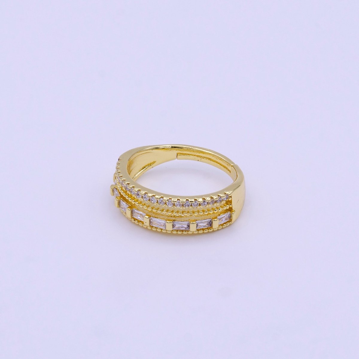 16K Gold Filled Clear, Multicolor Baguette Beaded Micro Paved CZ Adjustable Ring | O-1567 O-1568 - DLUXCA