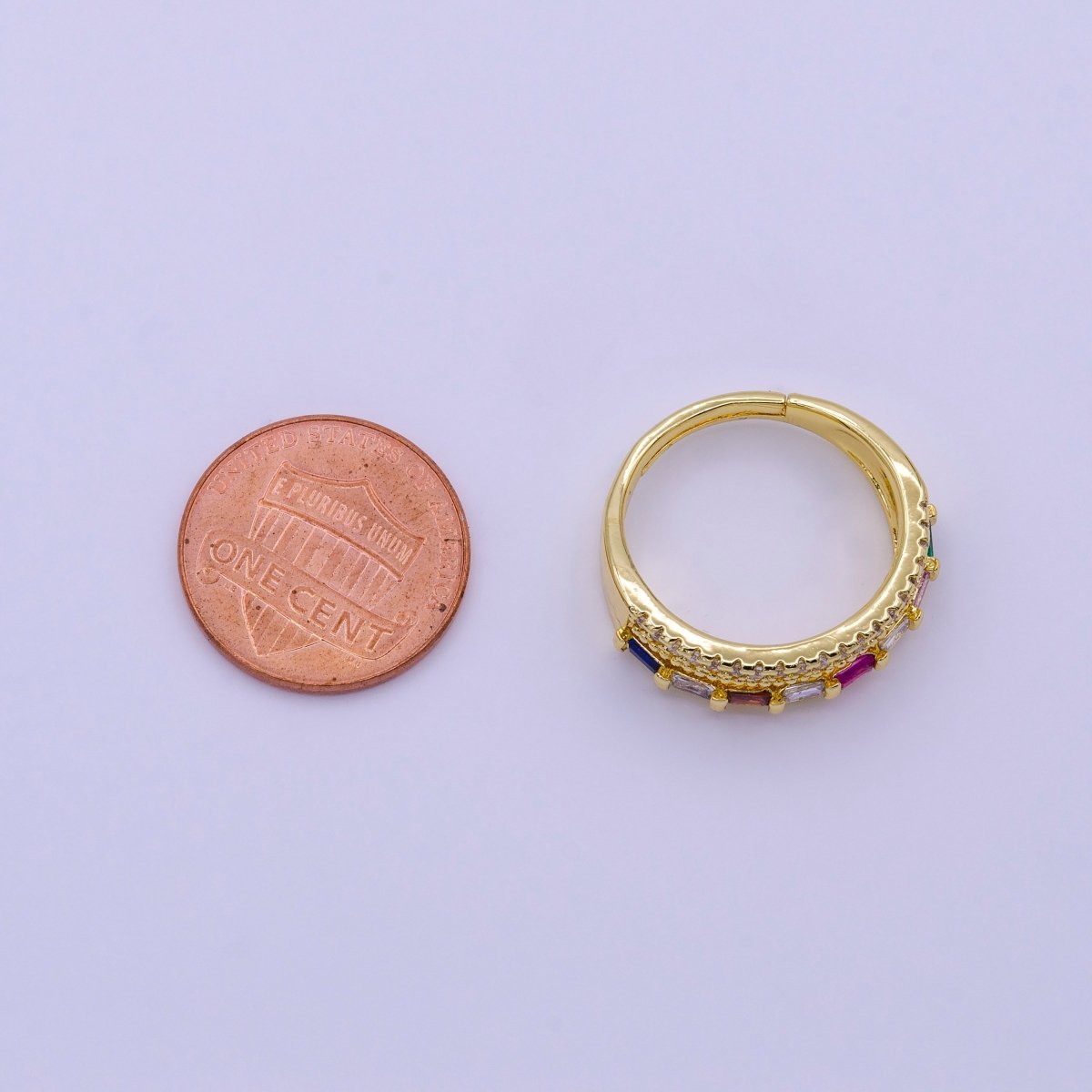16K Gold Filled Clear, Multicolor Baguette Beaded Micro Paved CZ Adjustable Ring | O-1567 O-1568 - DLUXCA