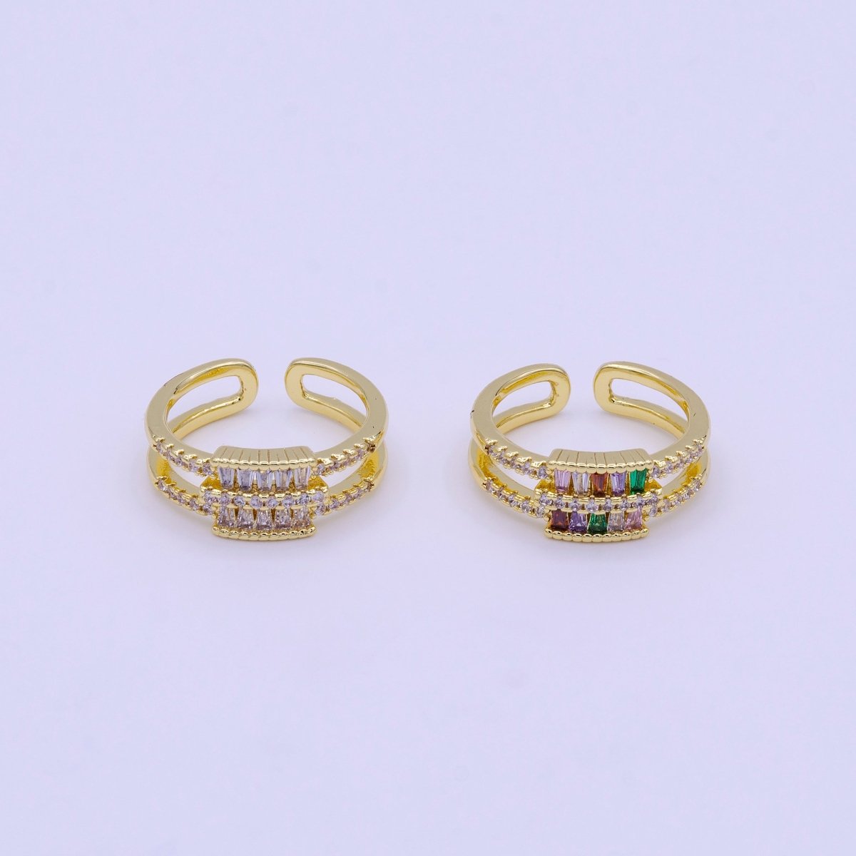 16K Gold Filled Clear, Multicolor Baguette Micro Paved CZ Double Band Ring | O1569 O1570 - DLUXCA