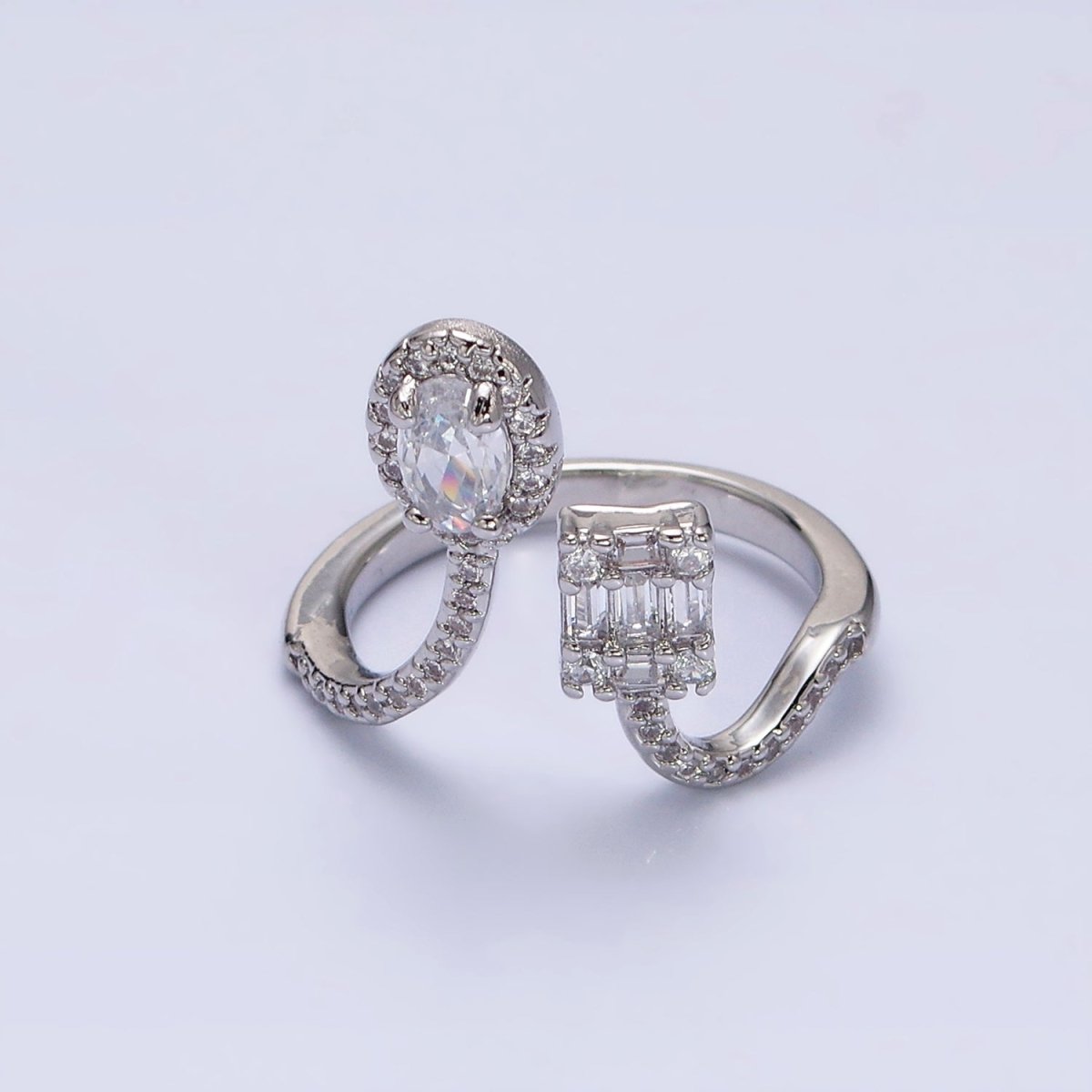 16K Gold Filled Clear Oval Square Baguette Micro Paved CZ Open Ring in Gold & Silver | O-554 O-555 - DLUXCA