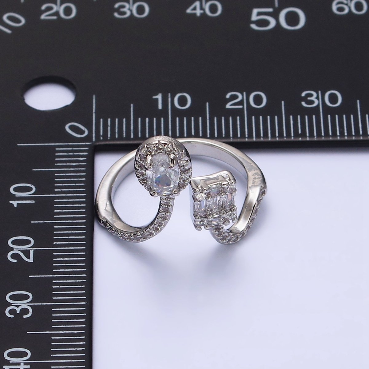 16K Gold Filled Clear Oval Square Baguette Micro Paved CZ Open Ring in Gold & Silver | O-554 O-555 - DLUXCA