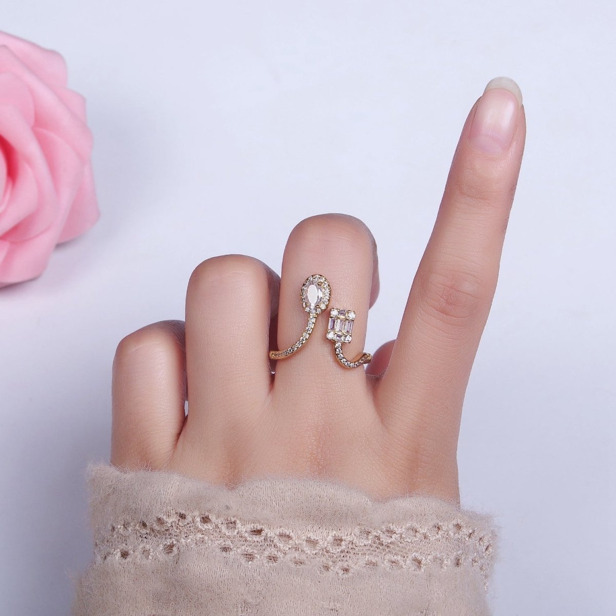 16K Gold Filled Clear Oval Square Baguette Micro Paved CZ Open Ring in Gold & Silver | O-554 O-555 - DLUXCA