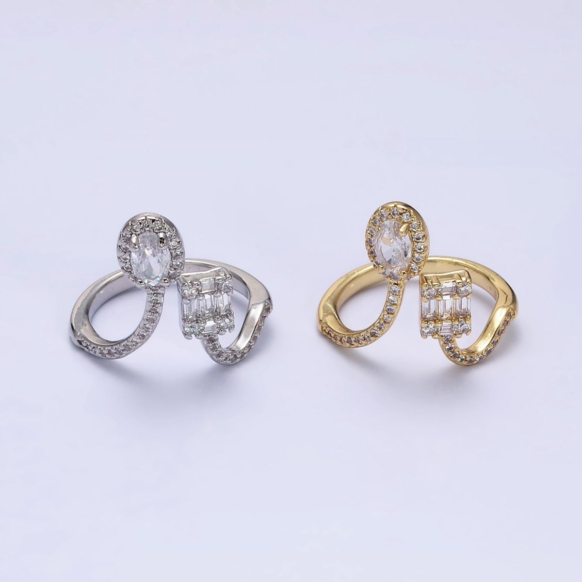 16K Gold Filled Clear Oval Square Baguette Micro Paved CZ Open Ring in Gold & Silver | O-554 O-555 - DLUXCA