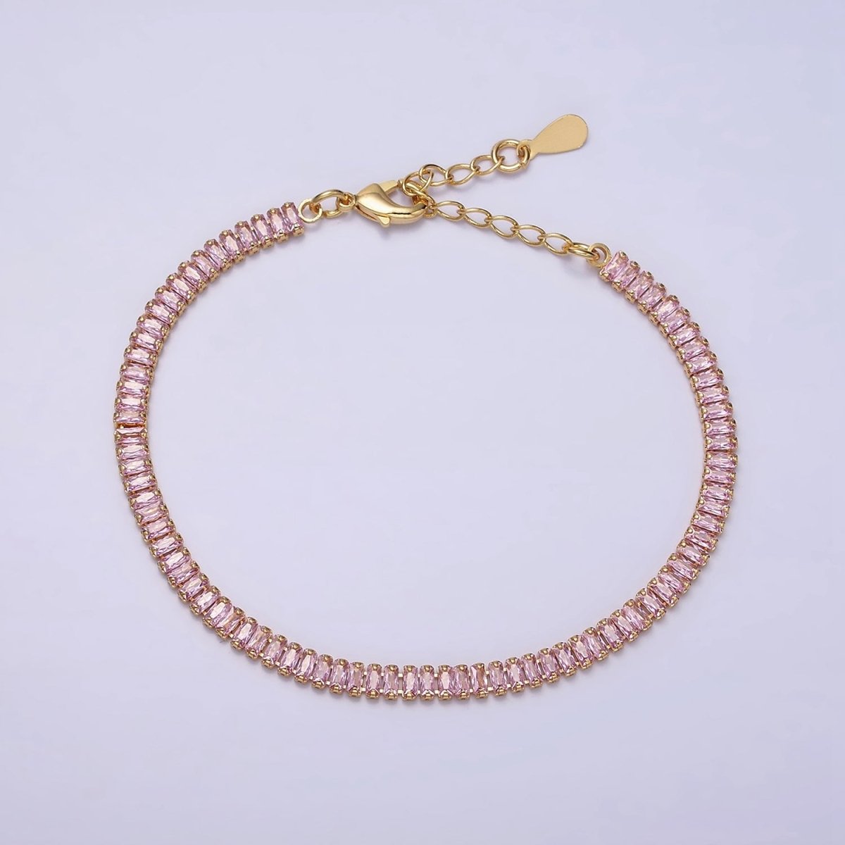 16K Gold Filled Clear, Pink Baguette CZ 3.5mm Tennis Chain 6.5 Inch Bracelet | WA-1820 - WA-1823 Clearance Pricing - DLUXCA