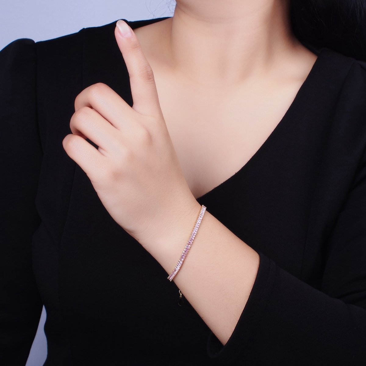 16K Gold Filled Clear, Pink Baguette CZ 3.5mm Tennis Chain 6.5 Inch Bracelet | WA-1820 - WA-1823 Clearance Pricing - DLUXCA