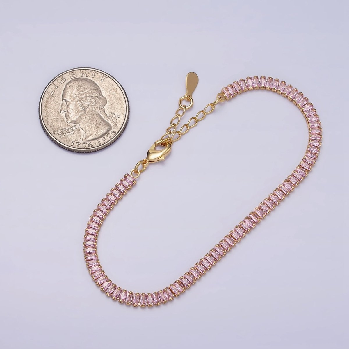 16K Gold Filled Clear, Pink Baguette CZ 3.5mm Tennis Chain 6.5 Inch Bracelet | WA-1820 - WA-1823 Clearance Pricing - DLUXCA
