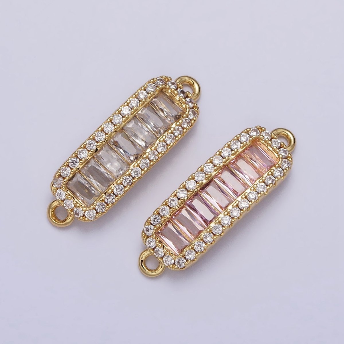 16K Gold Filled Clear, Pink CZ Baguette Lined Micro Paved Bar Connector | AA1060 AA1061 - DLUXCA