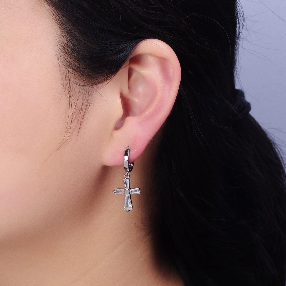 16K Gold Filled Clear, Pink CZ Baguette Religious Latin Cross Drop Huggie Earring in Gold & Silver | AD939 - AD942 - DLUXCA