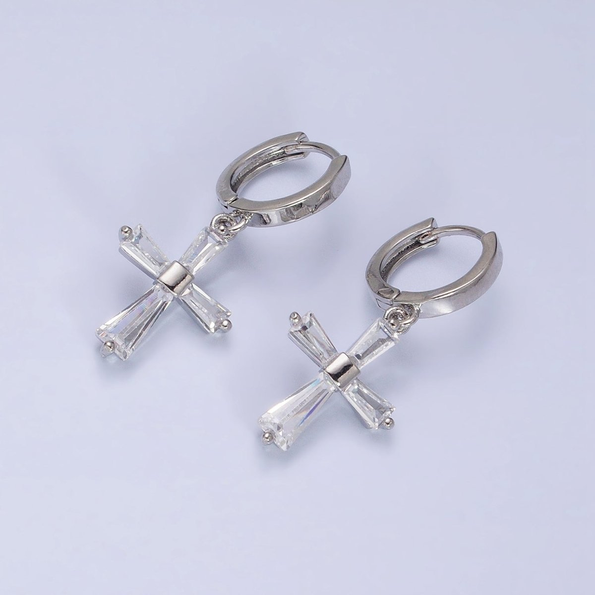 16K Gold Filled Clear, Pink CZ Baguette Religious Latin Cross Drop Huggie Earring in Gold & Silver | AD939 - AD942 - DLUXCA