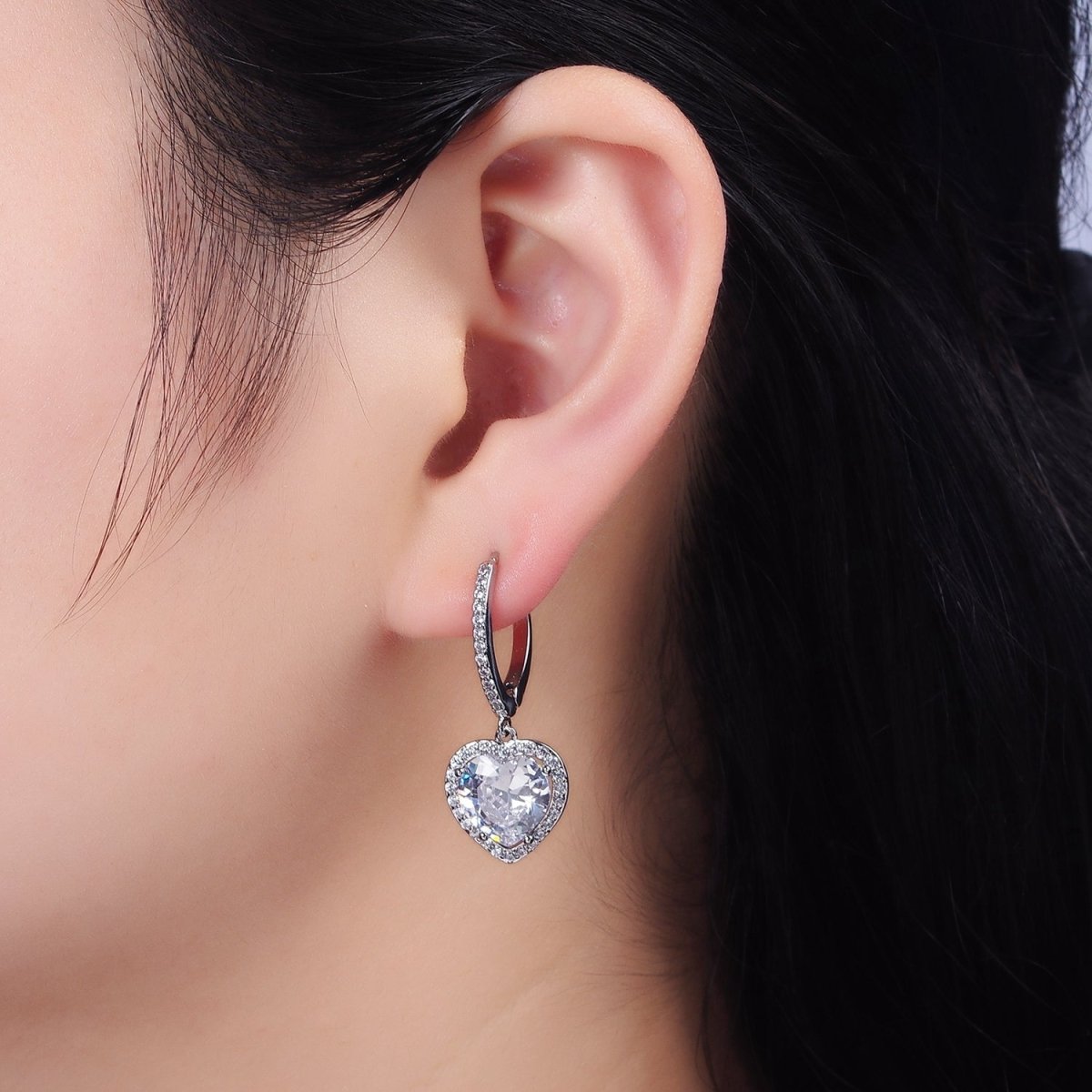 16K Gold Filled Clear, Pink Heart CZ Drop Micro Paved Triangle Hoop Earrings in Gold & Silver | AE637 - AE640 - DLUXCA