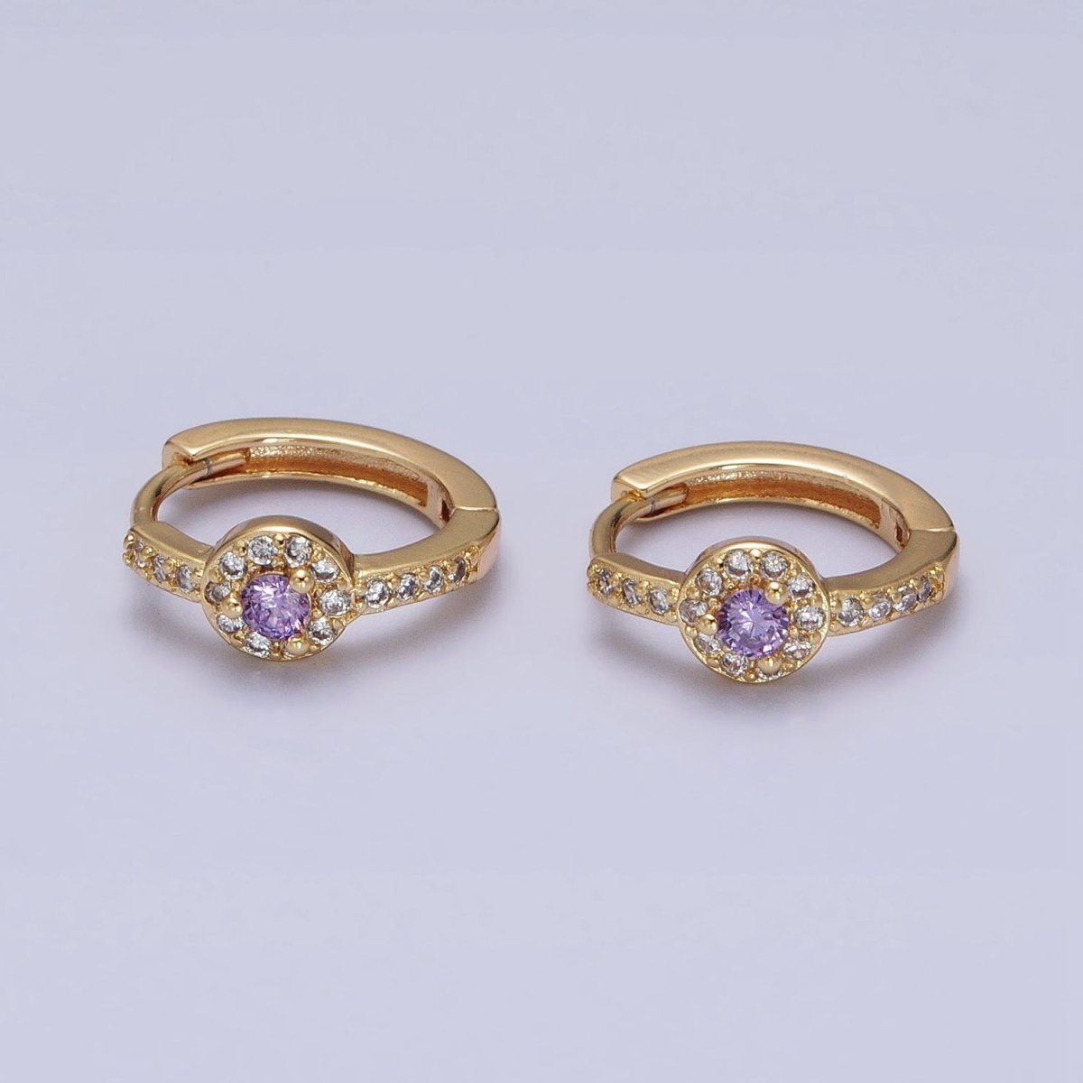 16K Gold Filled Clear, Purple Round CZ Micro Paved 13mm Huggie Earrings in Gold & Silver | AD854 - AD857 - DLUXCA