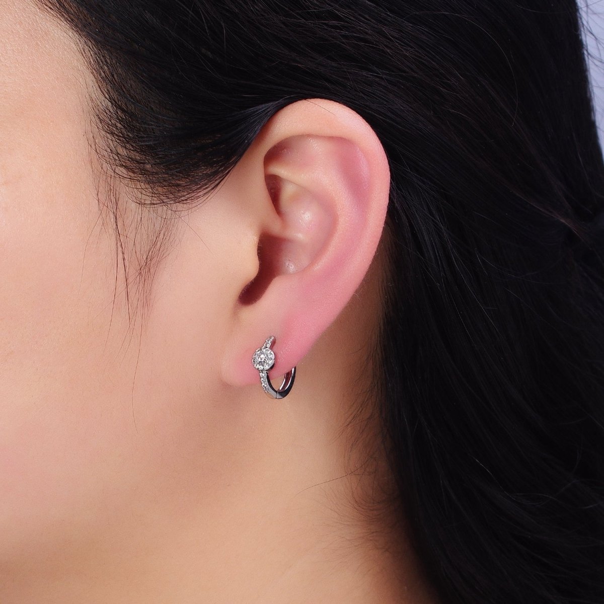 16K Gold Filled Clear, Purple Round CZ Micro Paved 13mm Huggie Earrings in Gold & Silver | AD854 - AD857 - DLUXCA