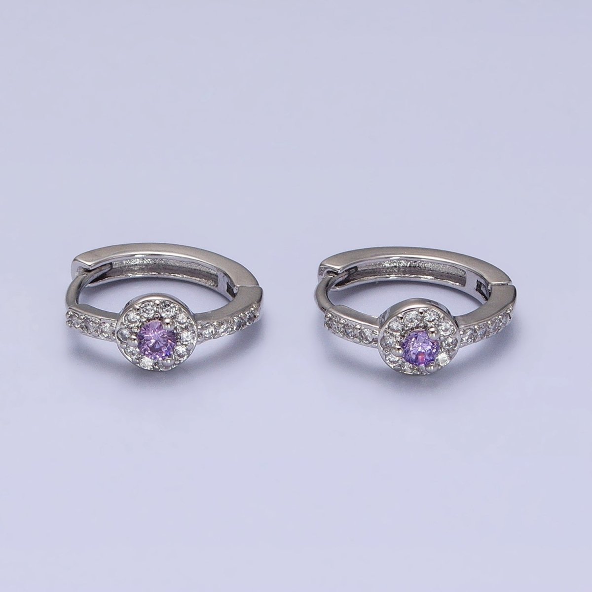 16K Gold Filled Clear, Purple Round CZ Micro Paved 13mm Huggie Earrings in Gold & Silver | AD854 - AD857 - DLUXCA
