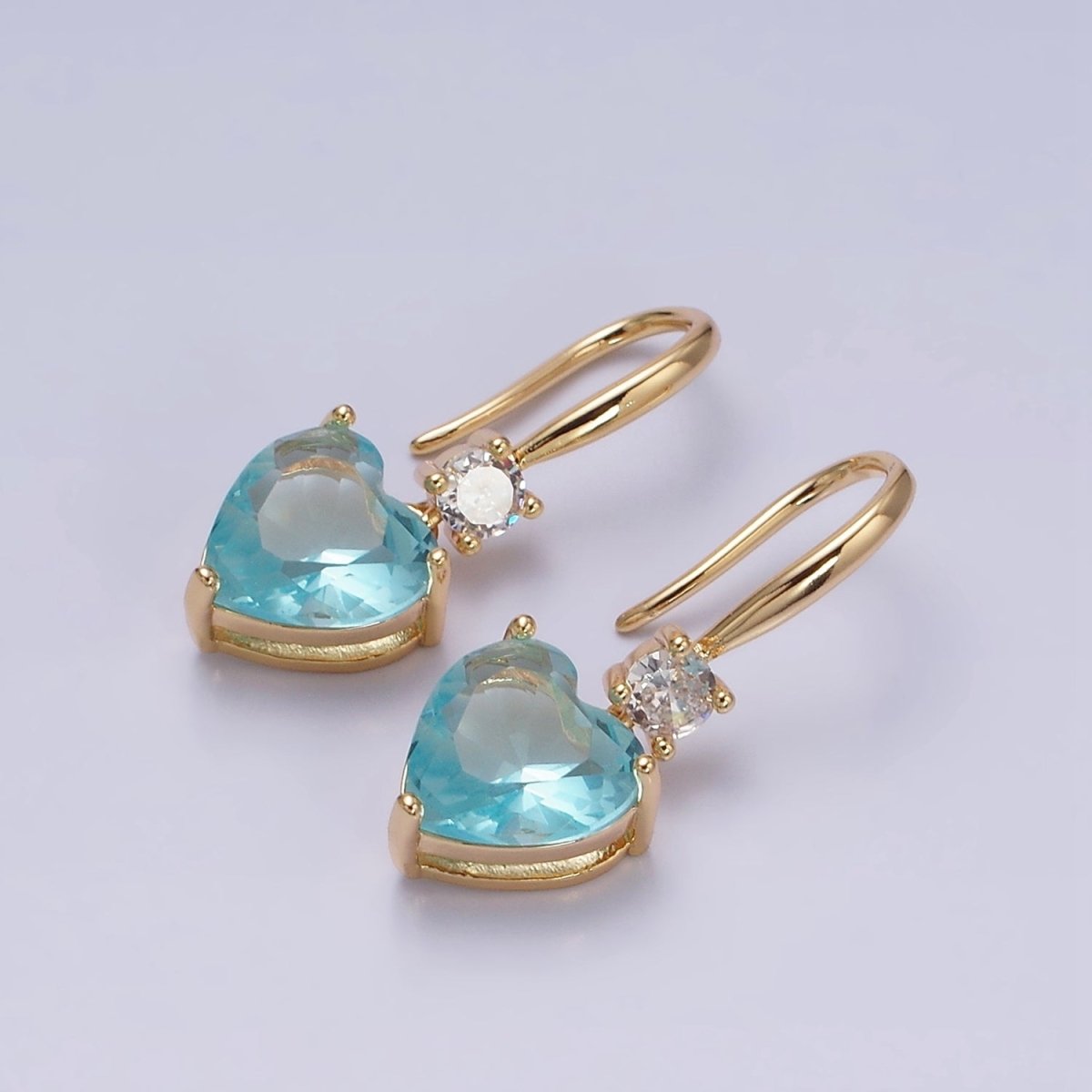 16K Gold Filled Clear, Red, Pink, Green, Blue Heart CZ French Hook Earrings in Gold & Silver | AD1213 - AD1222 - DLUXCA