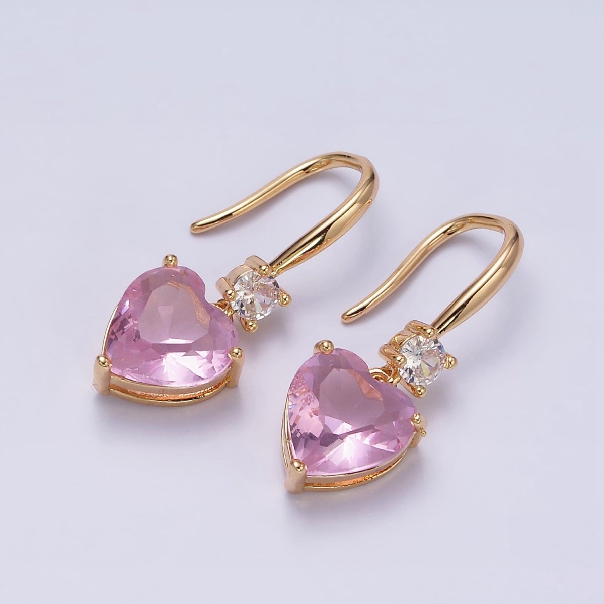 16K Gold Filled Clear, Red, Pink, Green, Blue Heart CZ French Hook Earrings in Gold & Silver | AD1213 - AD1222 - DLUXCA