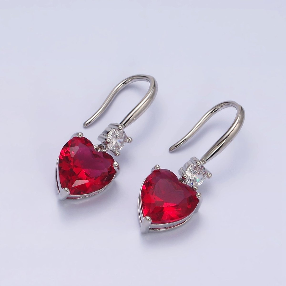 16K Gold Filled Clear, Red, Pink, Green, Blue Heart CZ French Hook Earrings in Gold & Silver | AD1213 - AD1222 - DLUXCA