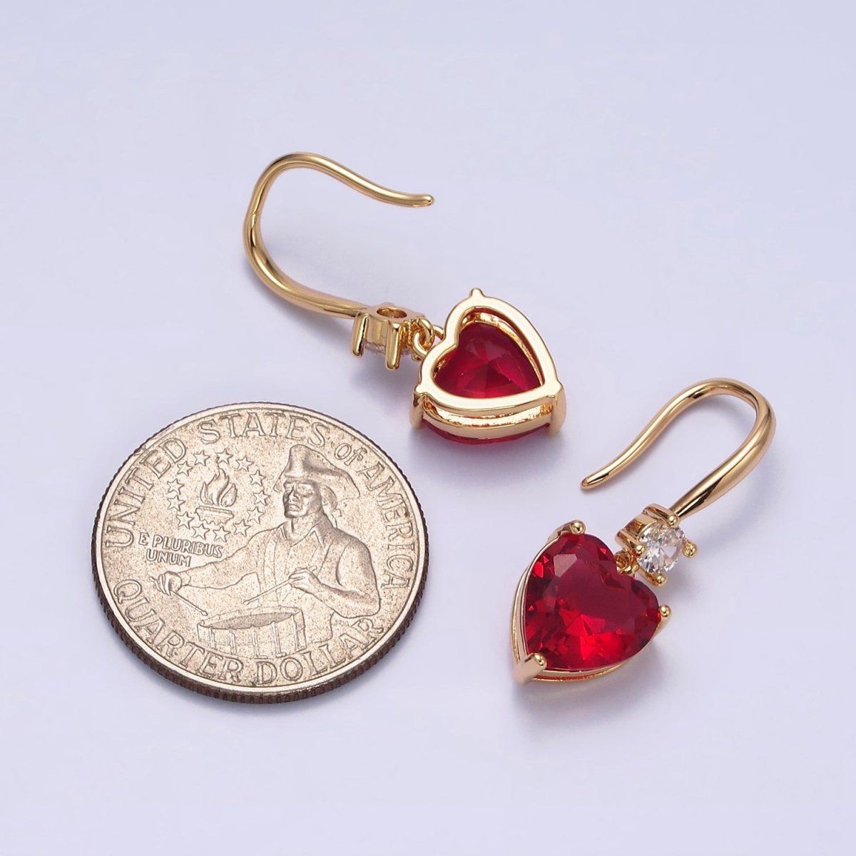 16K Gold Filled Clear, Red, Pink, Green, Blue Heart CZ French Hook Earrings in Gold & Silver | AD1213 - AD1222 - DLUXCA