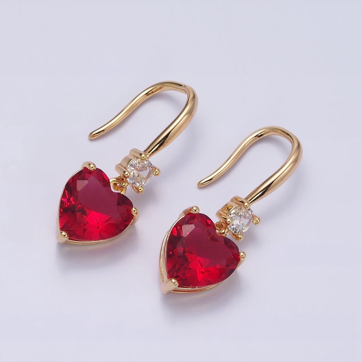 16K Gold Filled Clear, Red, Pink, Green, Blue Heart CZ French Hook Earrings in Gold & Silver | AD1213 - AD1222 - DLUXCA