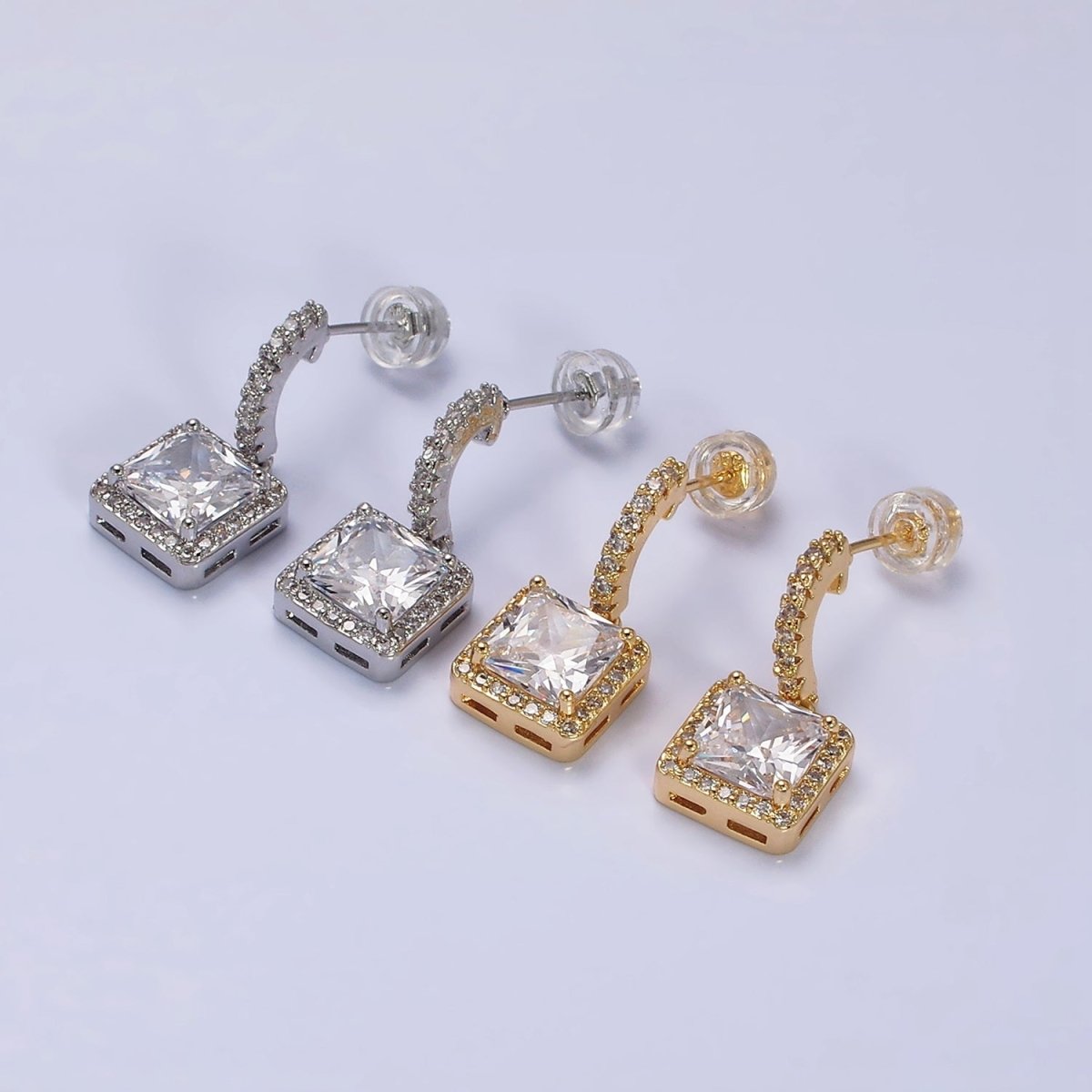 16K Gold Filled Clear Square CZ C-Shaped Hoop Earrings in Gold & Silver | AD1257 AD1258 - DLUXCA