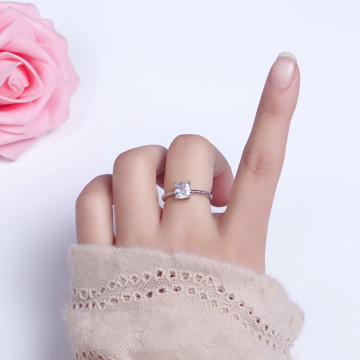 16K Gold Filled Clear Square CZ Croissant Twist Adjustable Ring in Gold & Silver | O1968 O1969 - DLUXCA