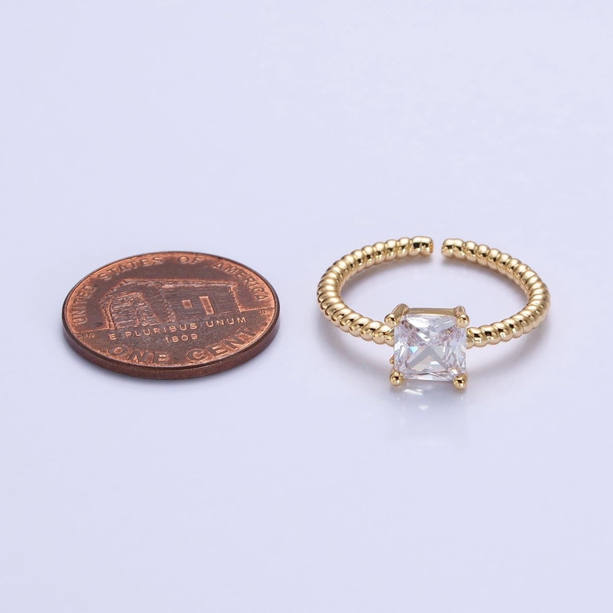 16K Gold Filled Clear Square CZ Croissant Twist Adjustable Ring in Gold & Silver | O1968 O1969 - DLUXCA