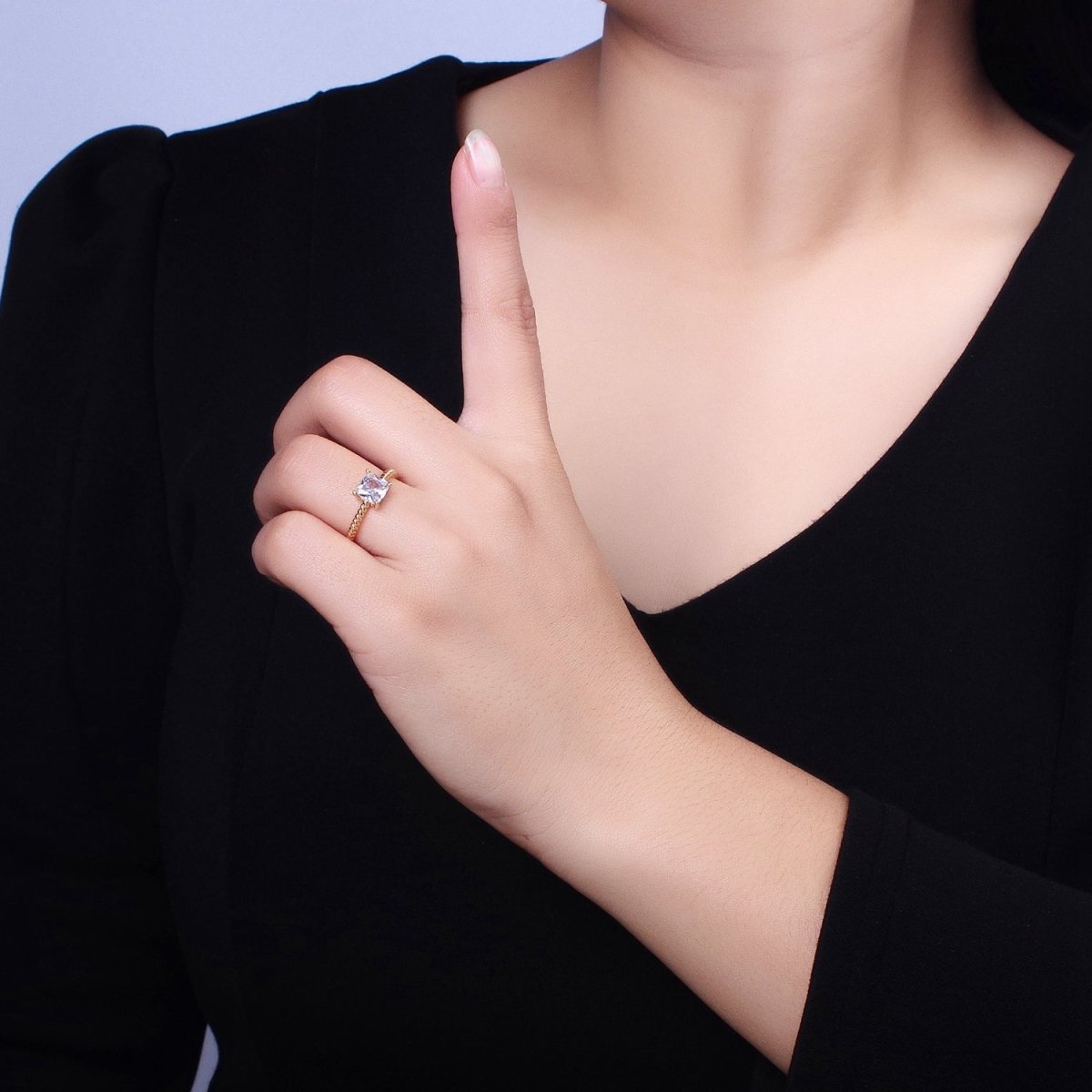 16K Gold Filled Clear Square CZ Croissant Twist Adjustable Ring in Gold & Silver | O1968 O1969 - DLUXCA