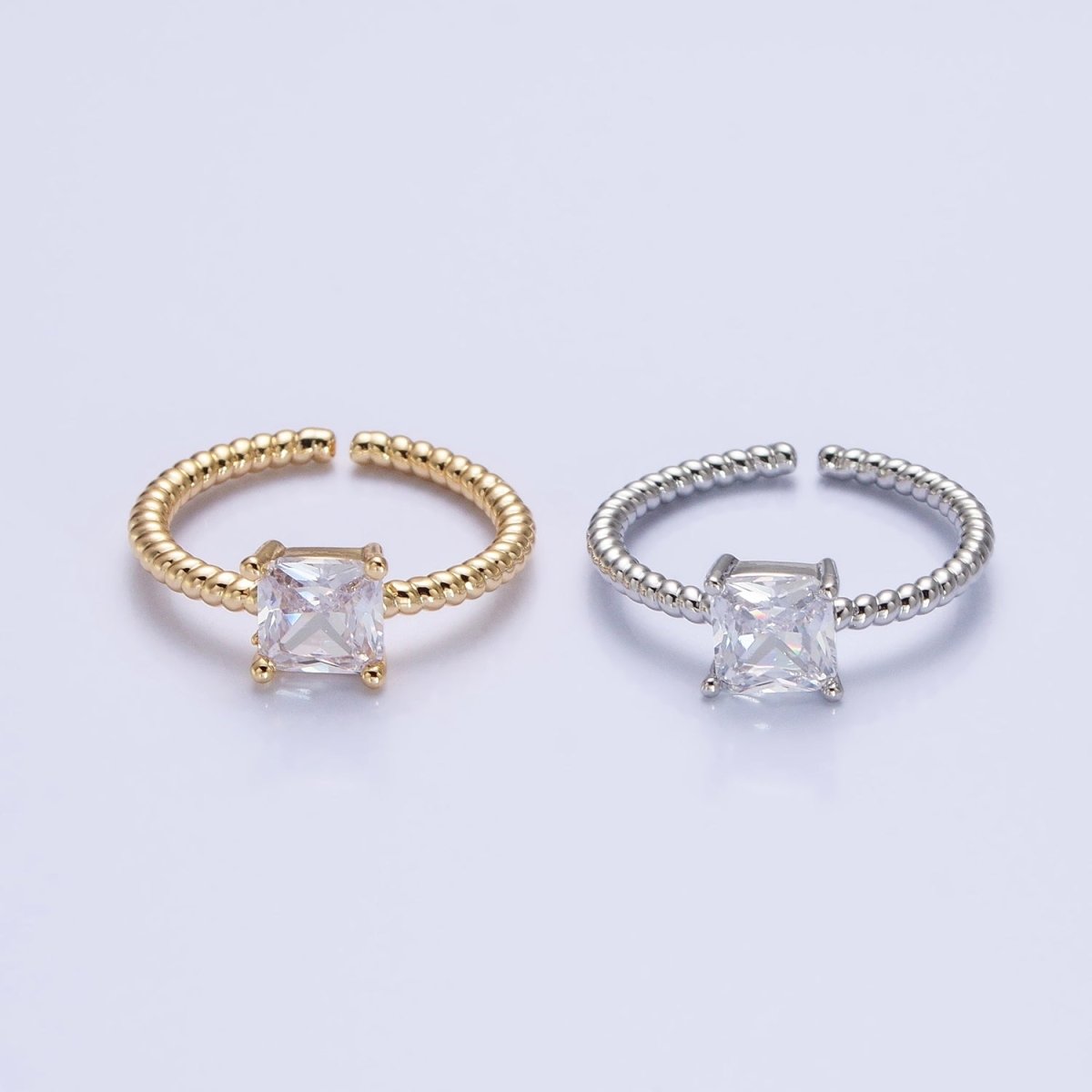 16K Gold Filled Clear Square CZ Croissant Twist Adjustable Ring in Gold & Silver | O1968 O1969 - DLUXCA
