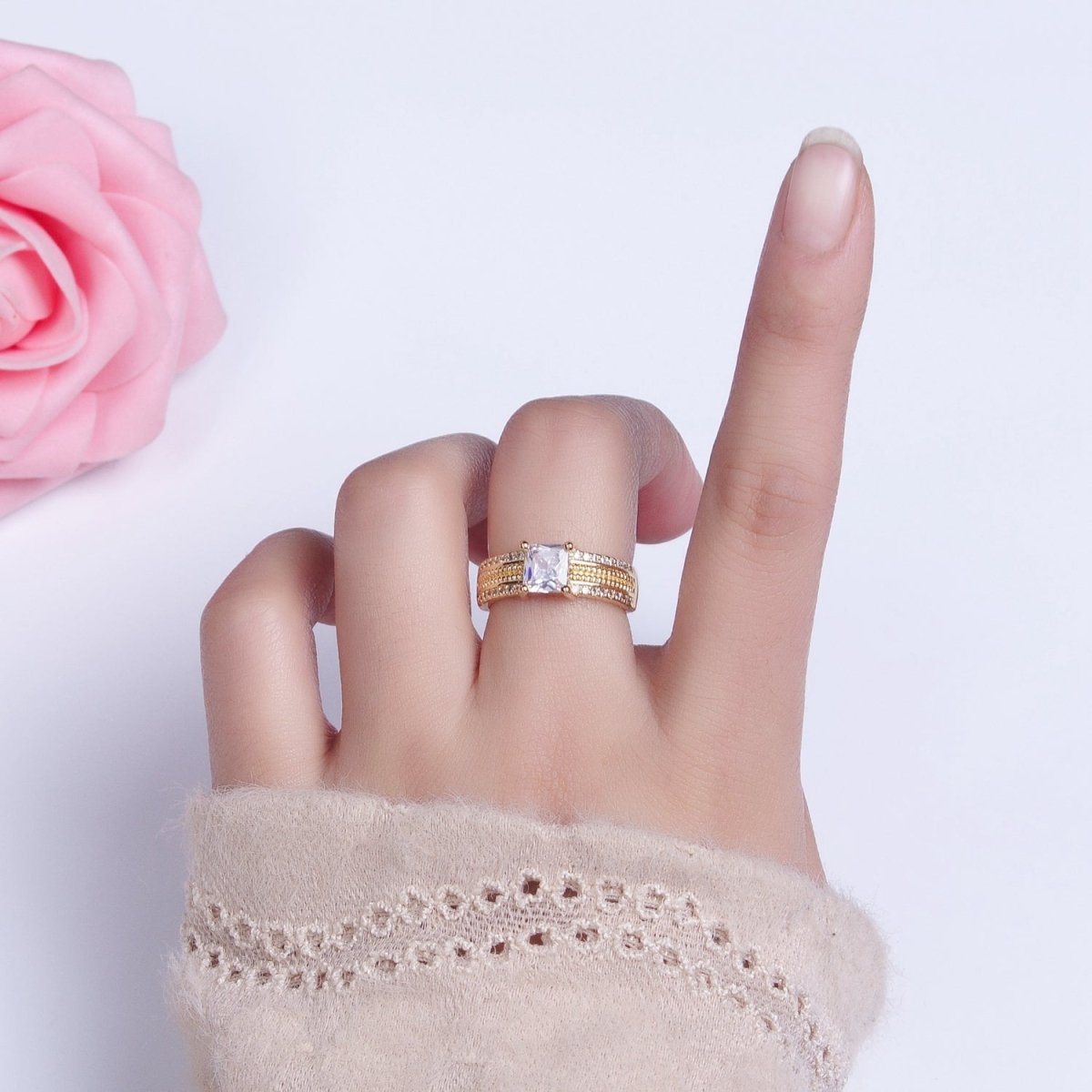 16K Gold Filled Clear Square CZ Curb Textured Band Ring in Gold & Silver O-1918 O-1919 - DLUXCA