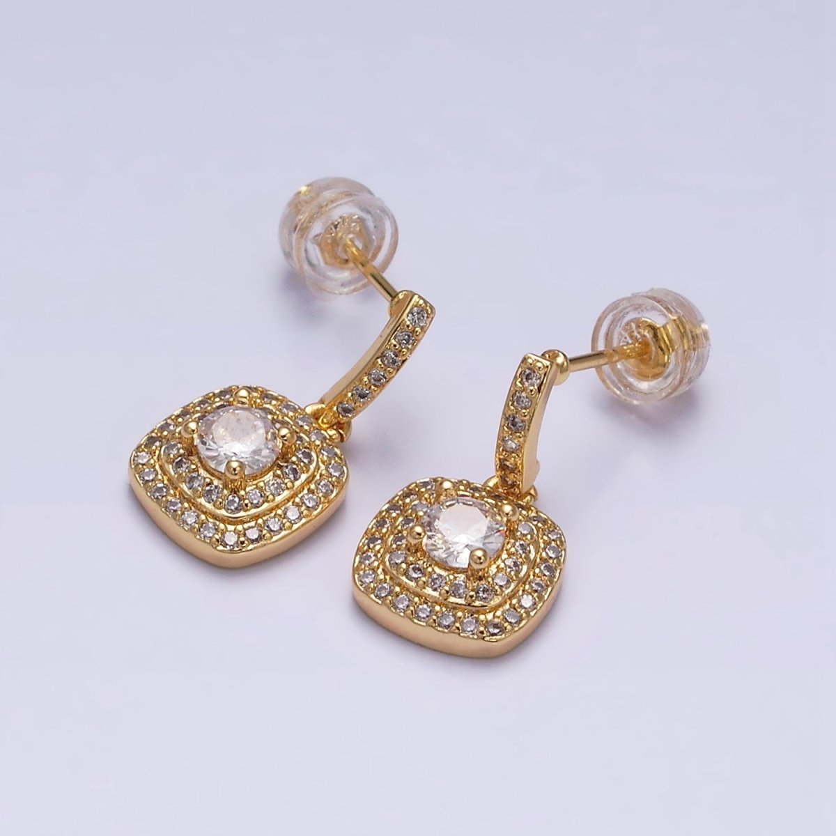 16K Gold Filled Clear Square Micro Paved Round CZ Drop Linear Stud Earrings in Gold & Silver | Y-785 Y-786 - DLUXCA