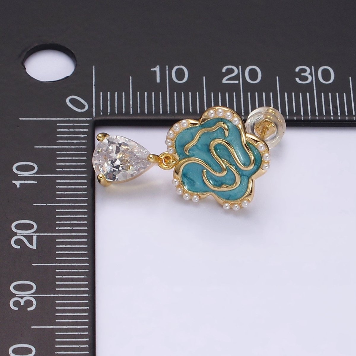 16K Gold Filled Clear Teardrop CZ Drop Teal Sparkly Enamel Abstract Pearl Lined Flower Stud Earrings in Gold & Silver | Y-853 Y-854 - DLUXCA