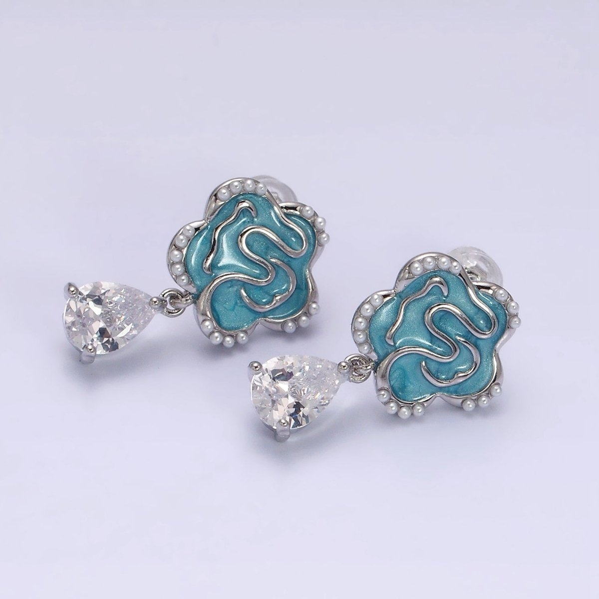 16K Gold Filled Clear Teardrop CZ Drop Teal Sparkly Enamel Abstract Pearl Lined Flower Stud Earrings in Gold & Silver | Y-853 Y-854 - DLUXCA