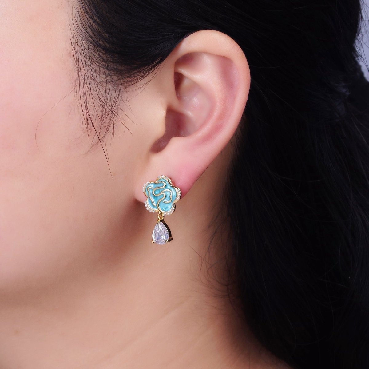 16K Gold Filled Clear Teardrop CZ Drop Teal Sparkly Enamel Abstract Pearl Lined Flower Stud Earrings in Gold & Silver | Y-853 Y-854 - DLUXCA