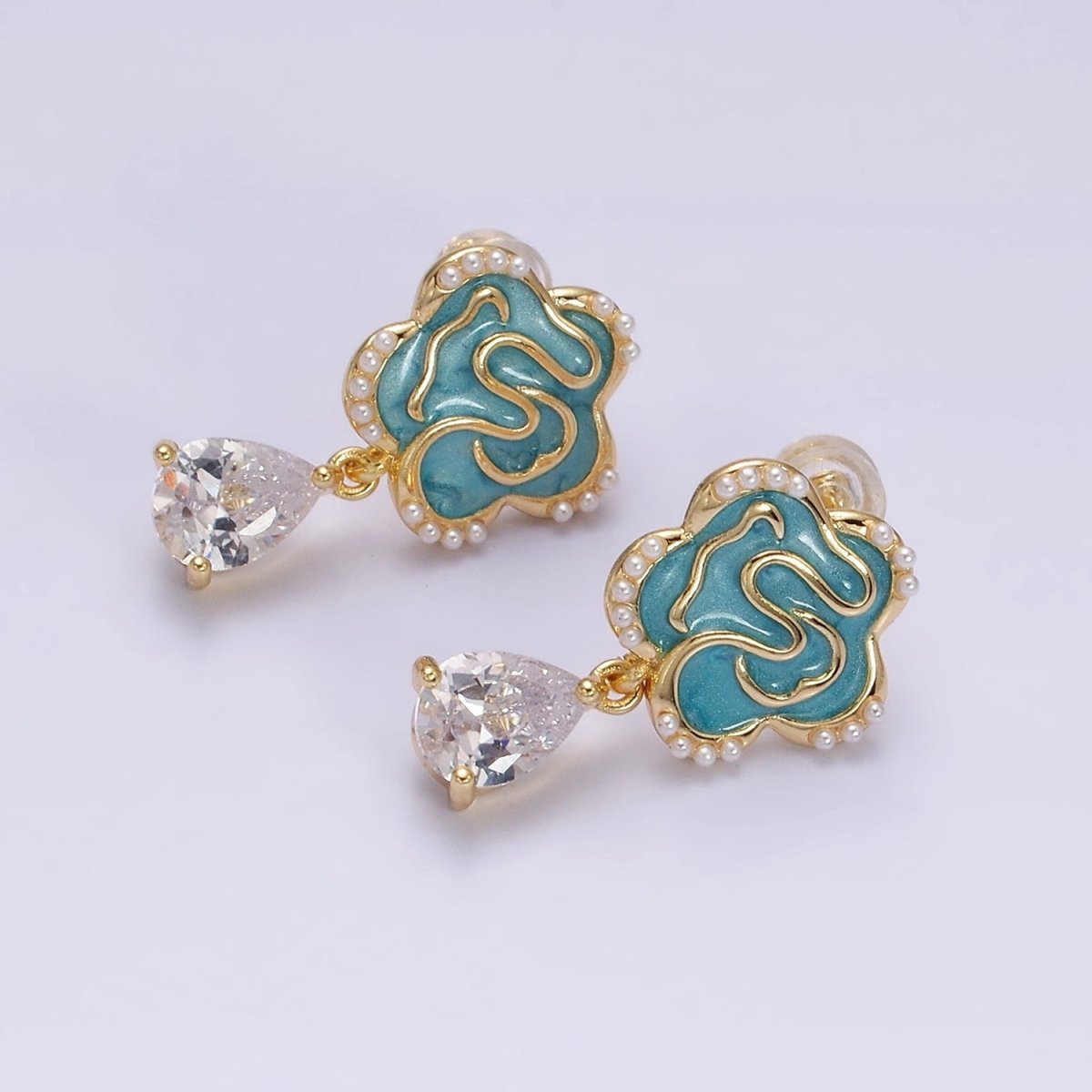 16K Gold Filled Clear Teardrop CZ Drop Teal Sparkly Enamel Abstract Pearl Lined Flower Stud Earrings in Gold & Silver | Y-853 Y-854 - DLUXCA