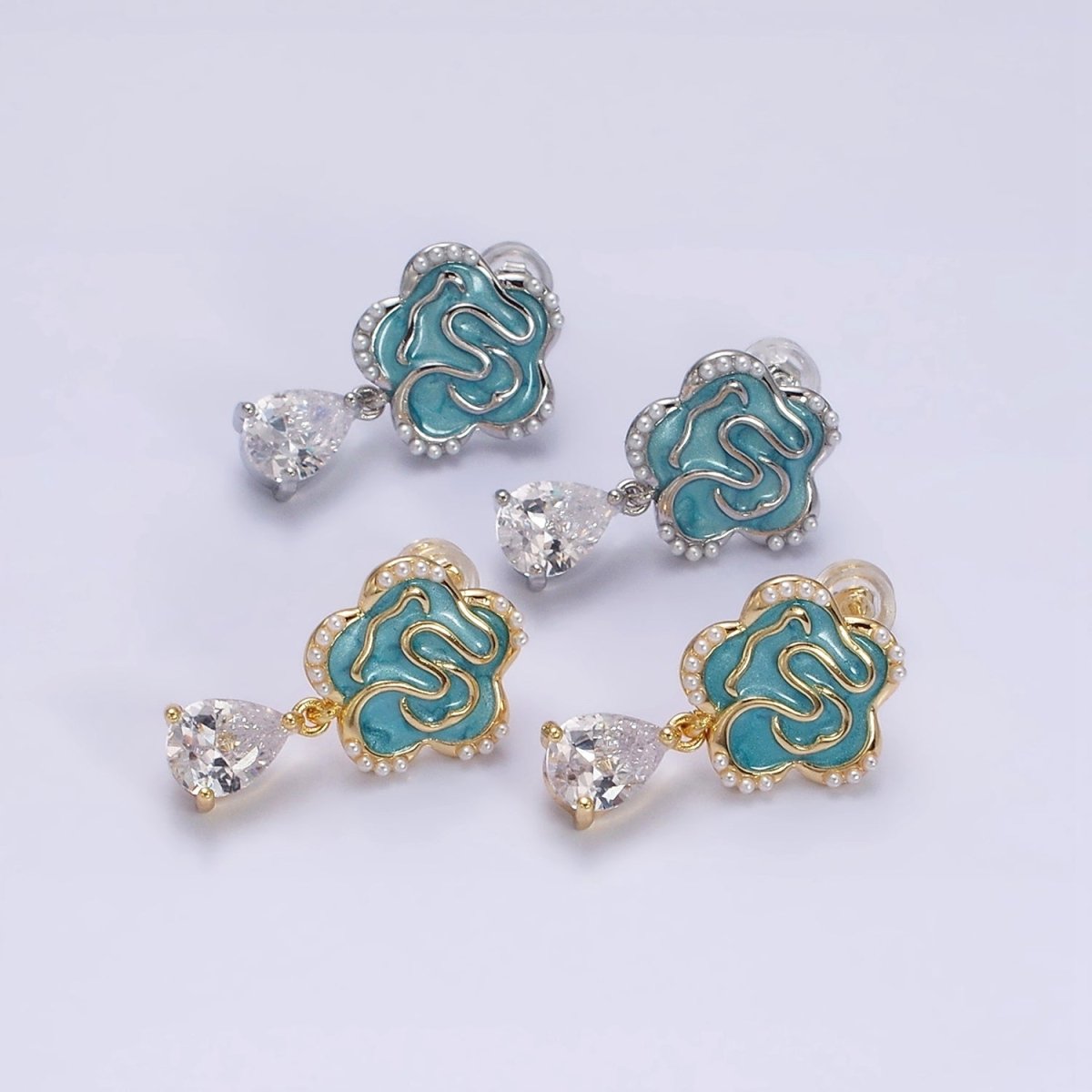 16K Gold Filled Clear Teardrop CZ Drop Teal Sparkly Enamel Abstract Pearl Lined Flower Stud Earrings in Gold & Silver | Y-853 Y-854 - DLUXCA