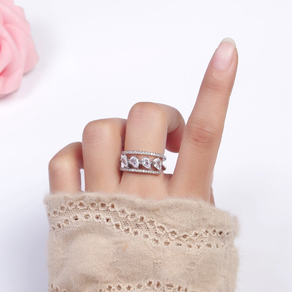 16K Gold Filled Clear Teardrop CZ Micro Paved Triple Band Ring in Gold & Silver | O-1587 O-1588 - DLUXCA