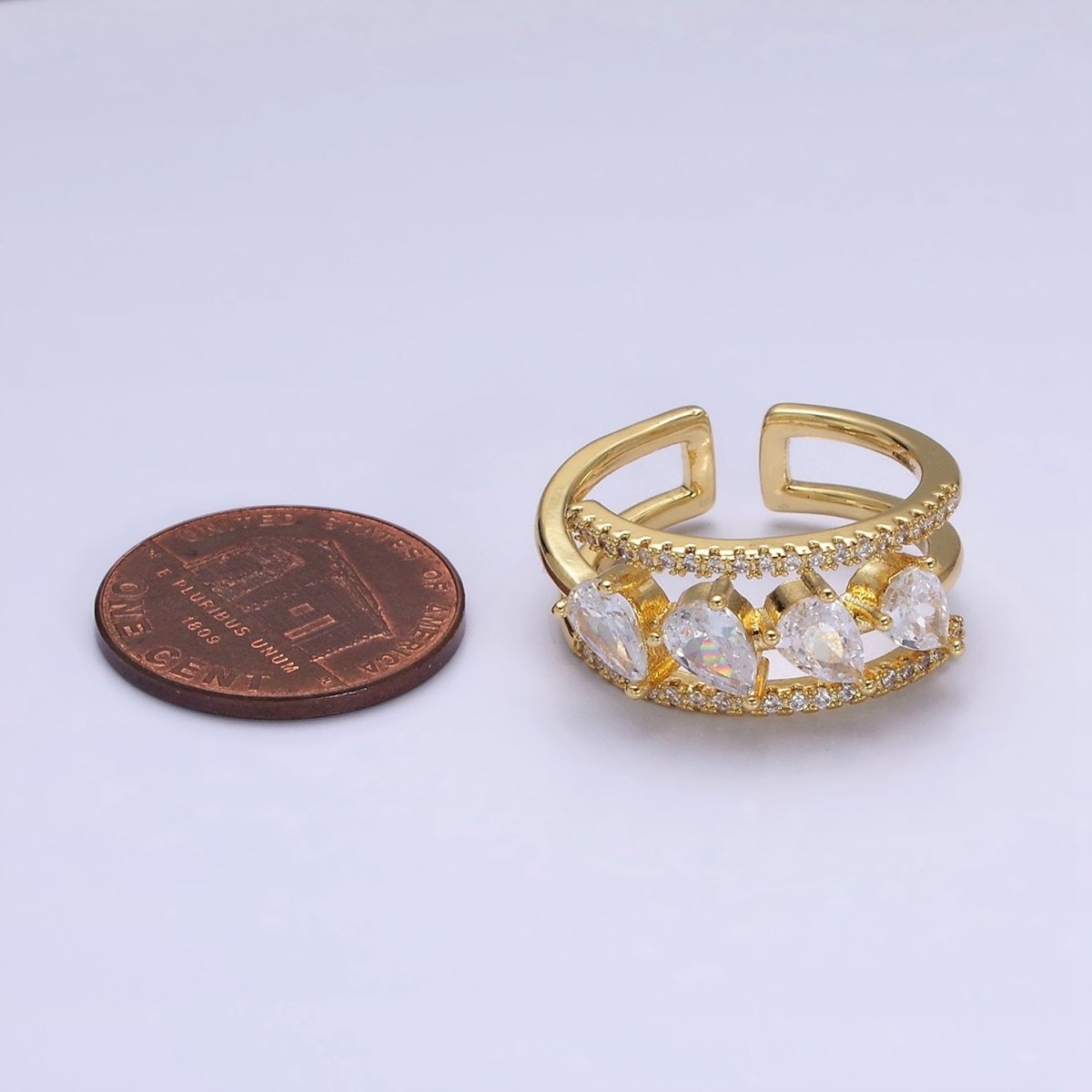 16K Gold Filled Clear Teardrop CZ Micro Paved Triple Band Ring in Gold & Silver | O-1587 O-1588 - DLUXCA