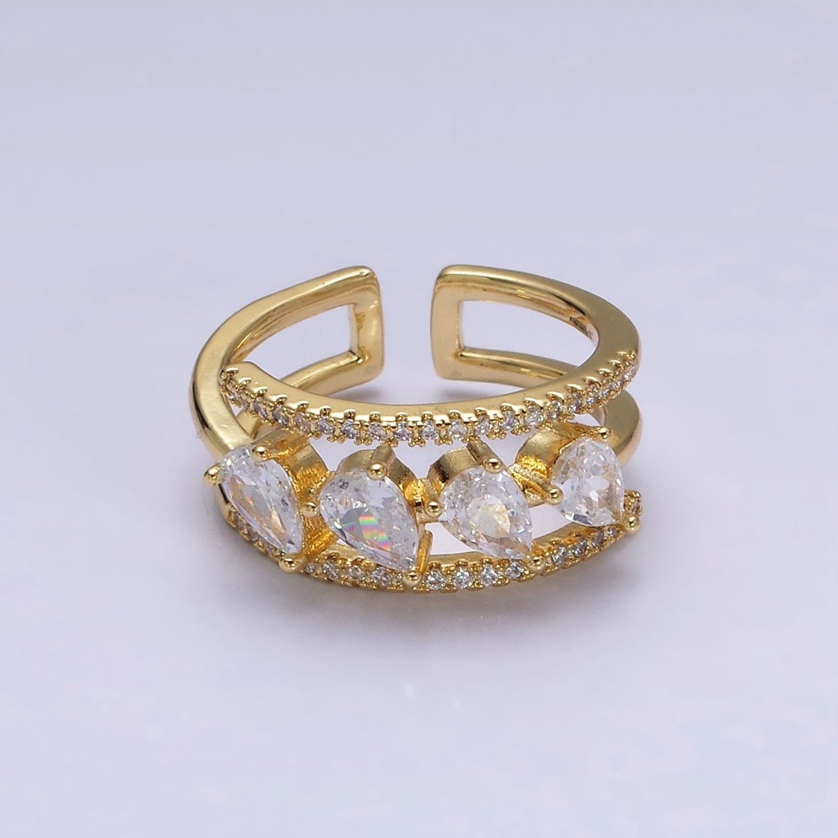 16K Gold Filled Clear Teardrop CZ Micro Paved Triple Band Ring in Gold & Silver | O-1587 O-1588 - DLUXCA