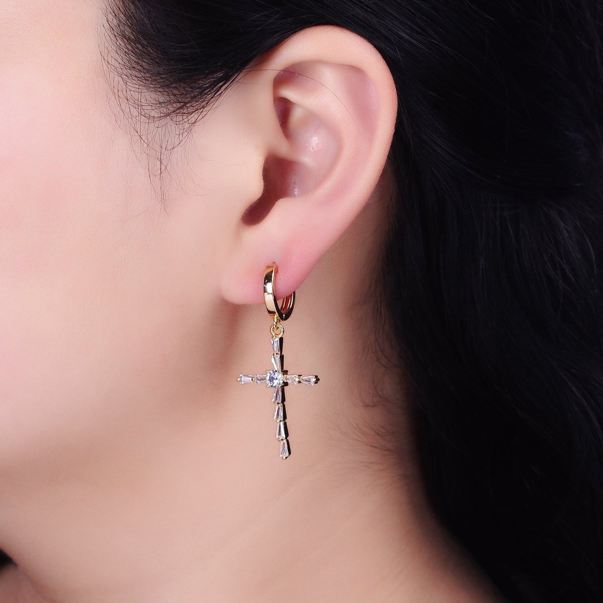 16K Gold Filled Clear Triangle Baguette Lined Religious Cross Drop Huggie Earrings in Silver & Gold | Y-924 AD-1233 - DLUXCA