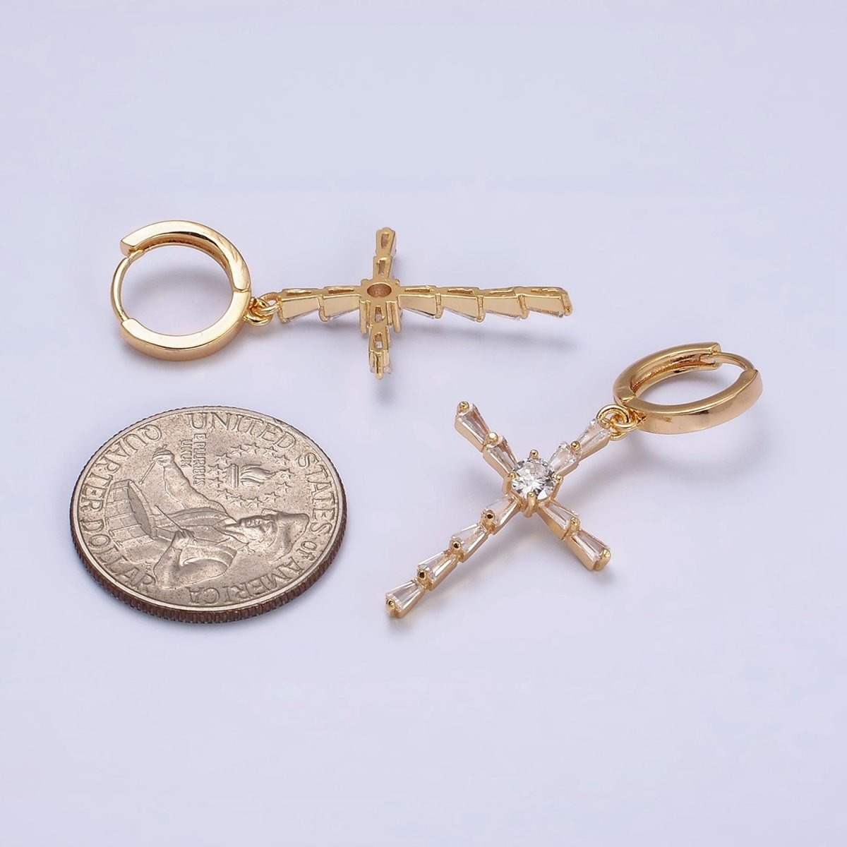 16K Gold Filled Clear Triangle Baguette Lined Religious Cross Drop Huggie Earrings in Silver & Gold | Y-924 AD-1233 - DLUXCA