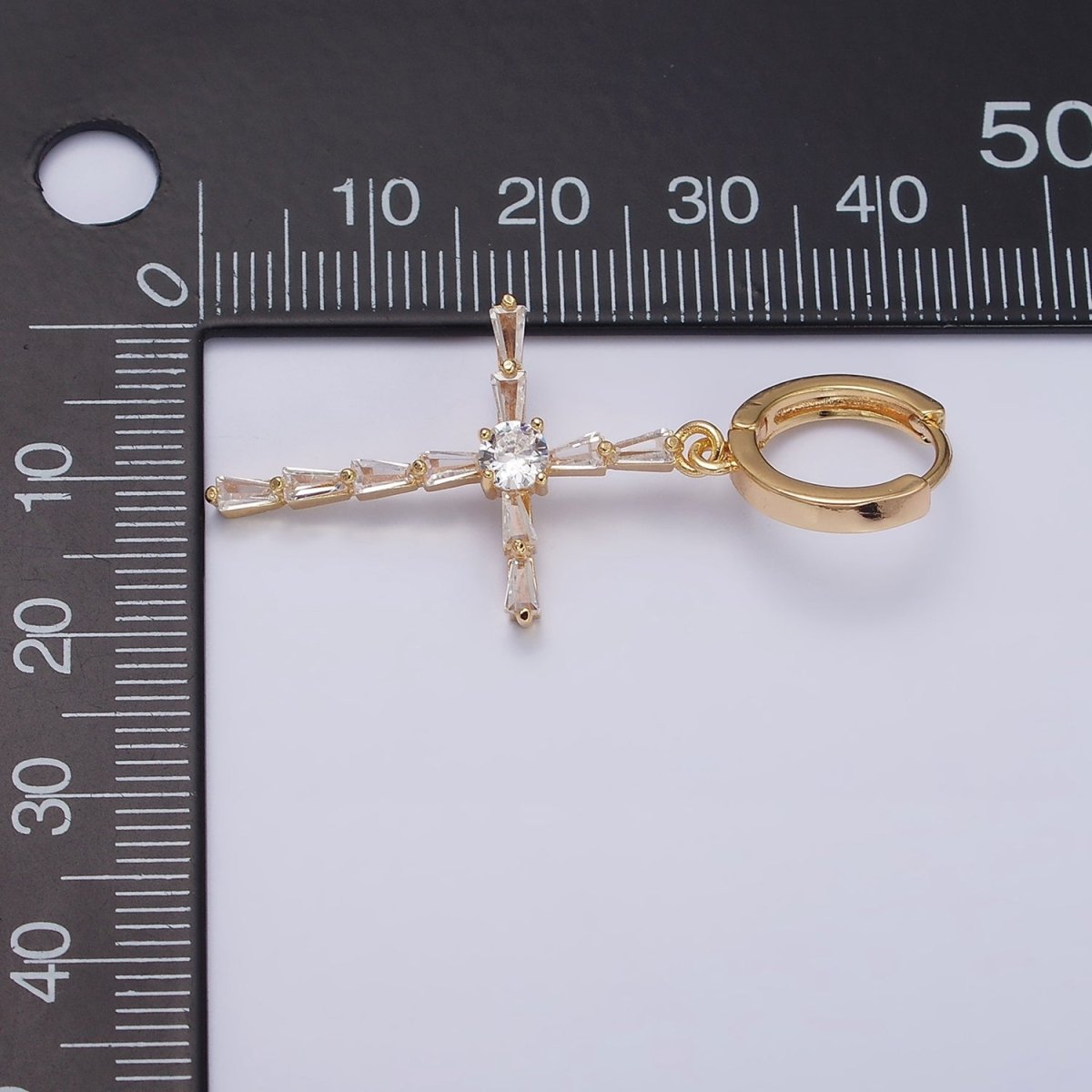 16K Gold Filled Clear Triangle Baguette Lined Religious Cross Drop Huggie Earrings in Silver & Gold | Y-924 AD-1233 - DLUXCA