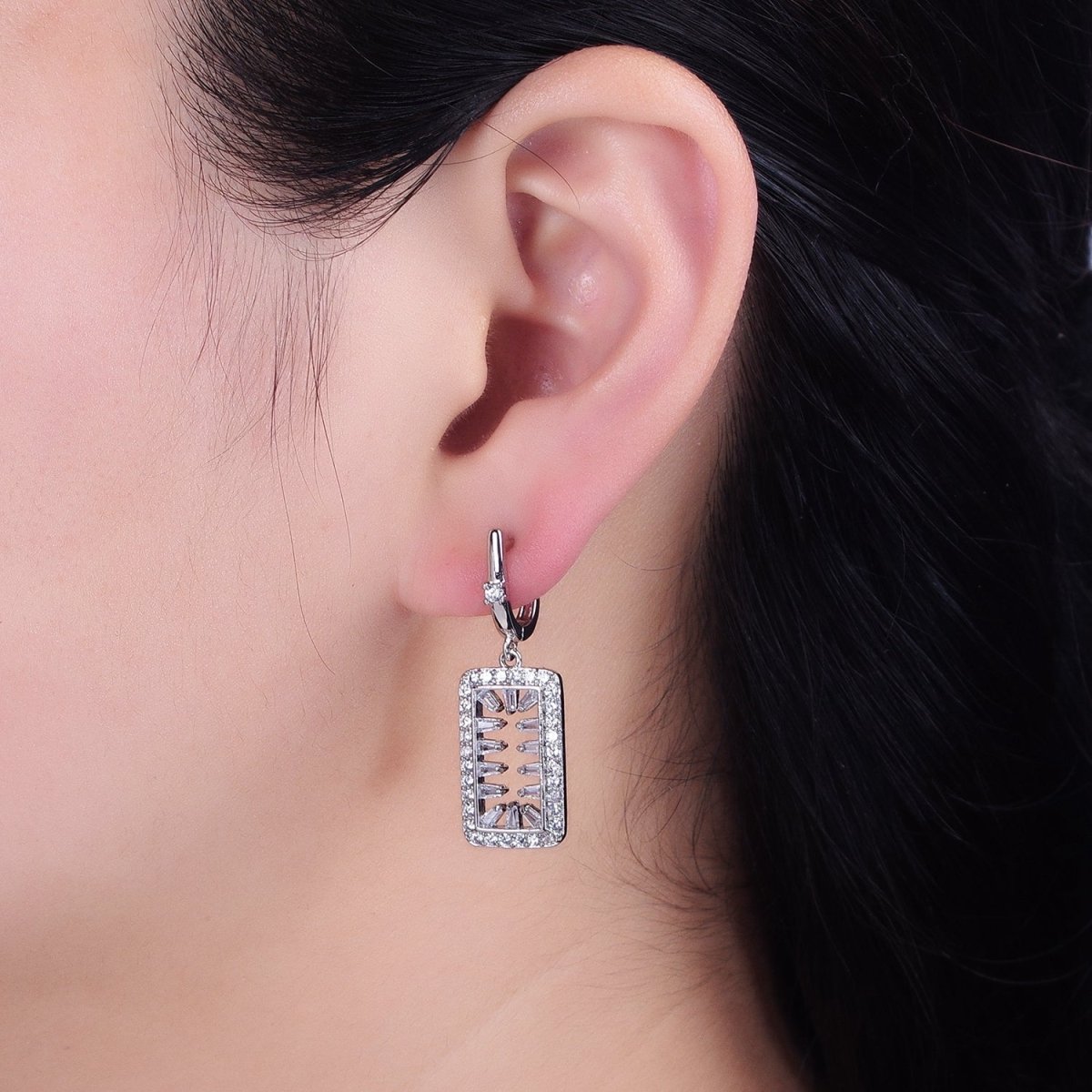 16K Gold Filled Clear Triangle Baguette Open Micro Paved Tag Drop English Lock Earrings in Silver & Gold | AB1504 AD1017 - DLUXCA