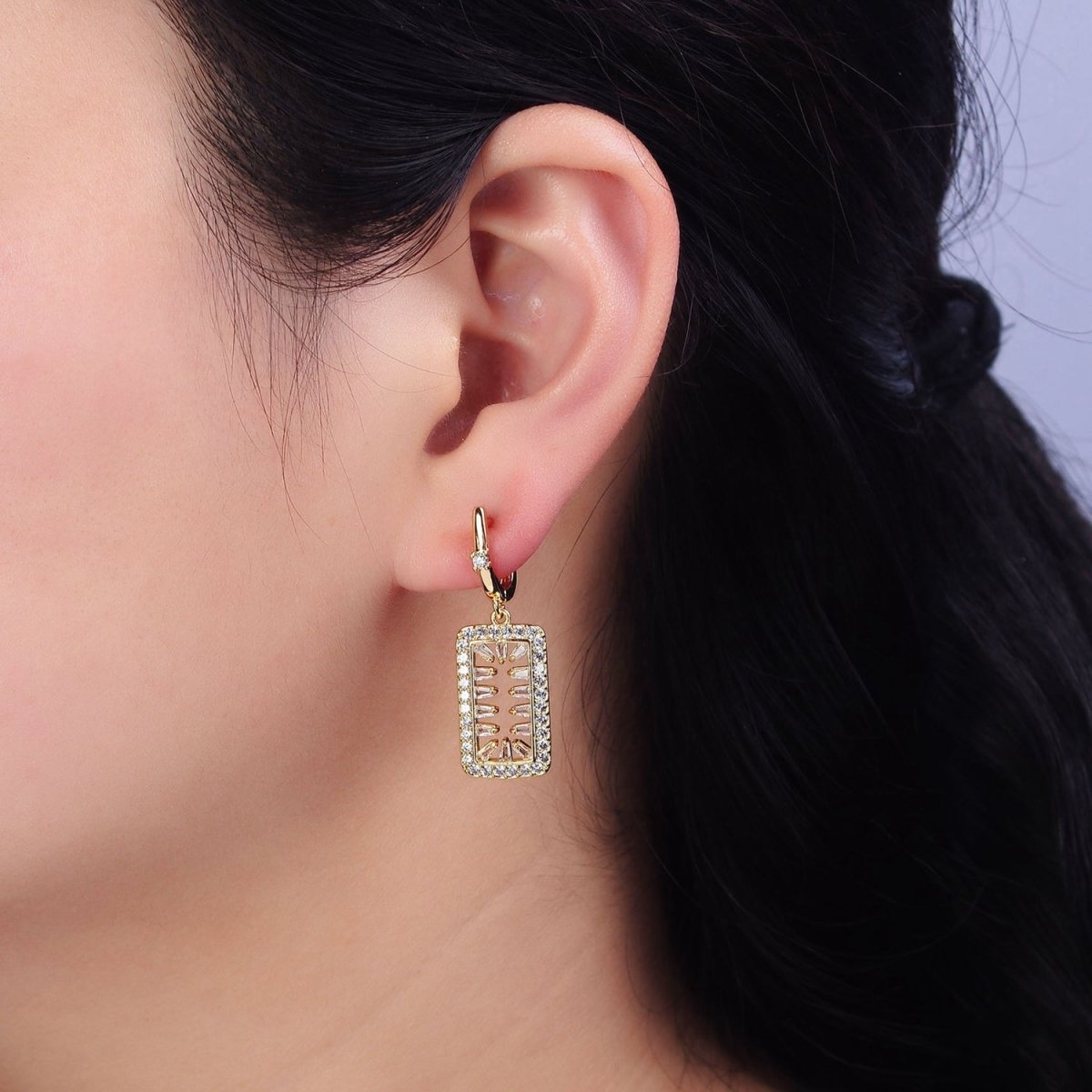 16K Gold Filled Clear Triangle Baguette Open Micro Paved Tag Drop English Lock Earrings in Silver & Gold | AB1504 AD1017 - DLUXCA