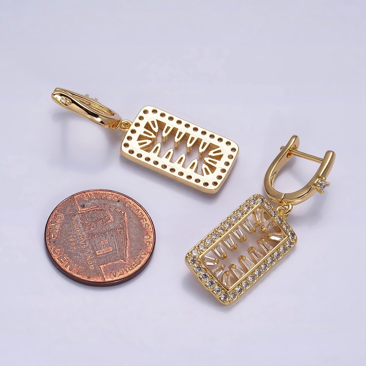 16K Gold Filled Clear Triangle Baguette Open Micro Paved Tag Drop English Lock Earrings in Silver & Gold | AB1504 AD1017 - DLUXCA