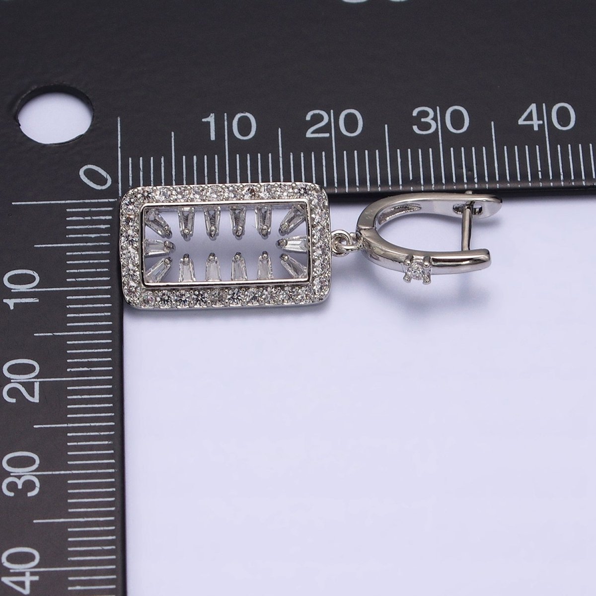 16K Gold Filled Clear Triangle Baguette Open Micro Paved Tag Drop English Lock Earrings in Silver & Gold | AB1504 AD1017 - DLUXCA